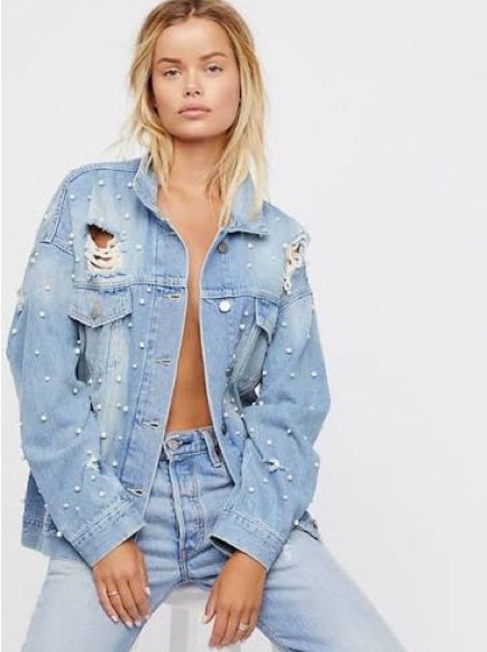 Free People Sunday Funday Blue Oversized Pearl Denim Jacket
